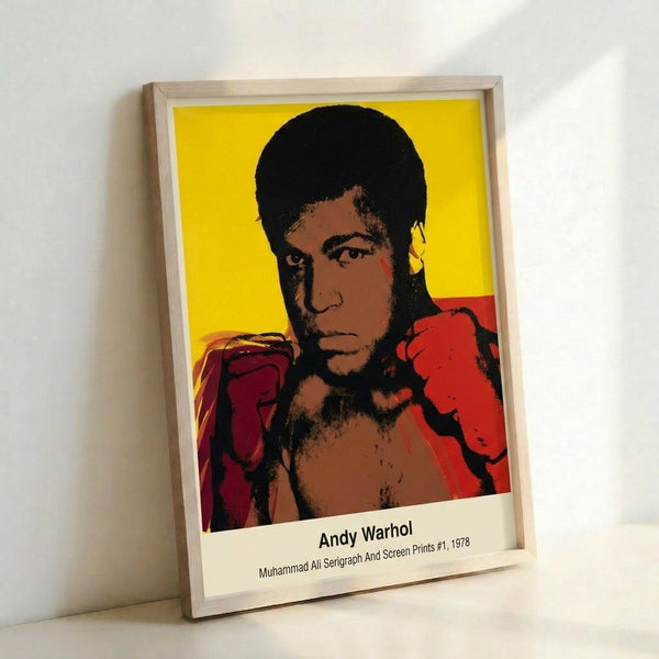 Muhammad Ali pop art serigraph with striking color blocking in red, yellow, blue, and white, showcasing the influential boxer in celebratory Warhol-inspired design.