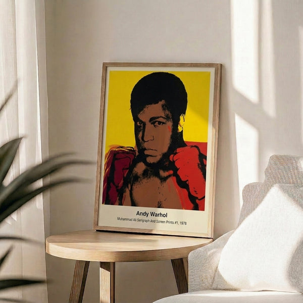 Warhol-style serigraph of Muhammad Ali with expressive color fields in red, yellow, blue, and black, creating an inspiring and dynamic pop art composition.