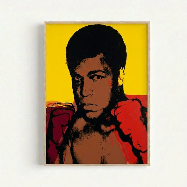 Iconic Muhammad Ali serigraph print featuring bright, saturated hues and dynamic pop art aesthetic on a framed wall poster.