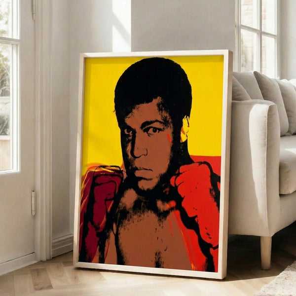 Muhammad Ali pop art serigraph with vivid color blocking and bold graphic lines, framed contemporary wall art.