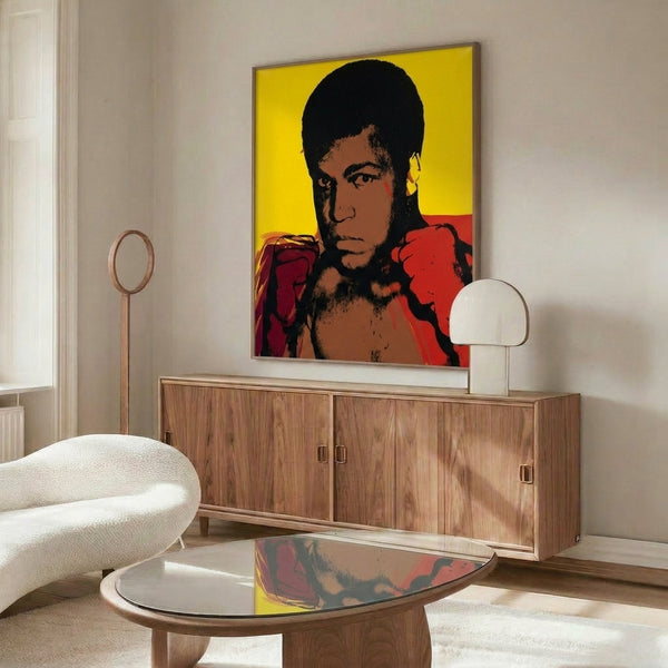 Muhammad Ali portrait in vibrant pop art style, screen-printed serigraph with high-impact color and graphic design elements.