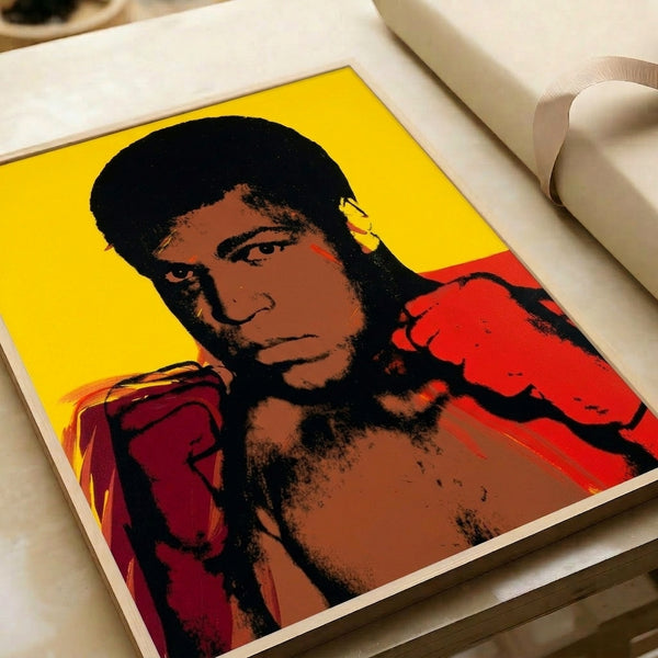 Bold contemporary pop art print of Muhammad Ali featuring saturated colors and dynamic serigraph composition, ready for display.