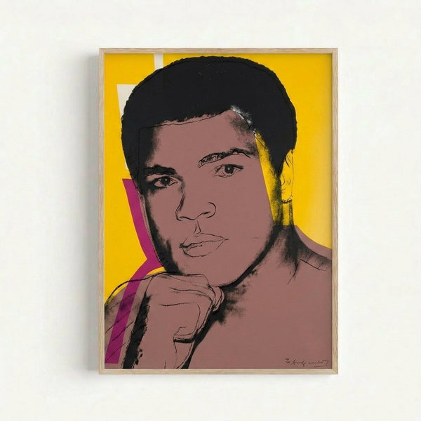 Framed Muhammad Ali serigraph print displaying vivid, saturated color blocks and dynamic line work characteristic of contemporary pop art portraiture.