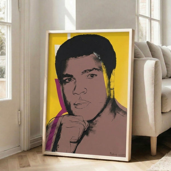 Muhammad Ali portrait serigraph with luminous color fields and sharp contours, exemplifying the graphic intensity of 1970s pop art printmaking.