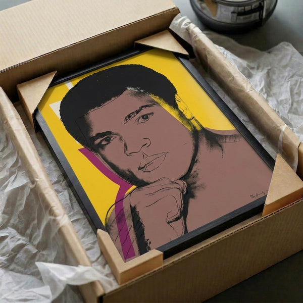Muhammad Ali framed pop art serigraph featuring energetic color composition and graphic intensity, reflecting the bold visual language of screen print portraiture.