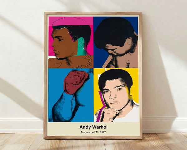 Pop art portrait of boxer Muhammad Ali with raised fists, rendered in bold black and vibrant accent colors in the style of Andy Warhol's 1977 series.
