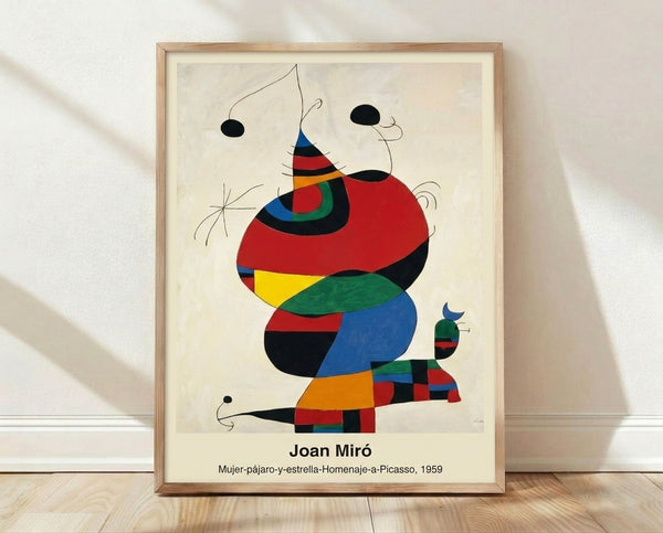 Abstract surreal art print featuring a stylized woman, bird, and star in black, red, and blue on cream background, evoking poetic whimsy and modern expressionism.