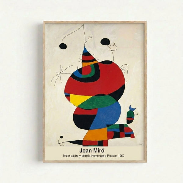 Framed modern poster with abstract figures of a woman and bird amid geometric stars, rendered in bold black lines and vibrant primary colors with contemplative energy.