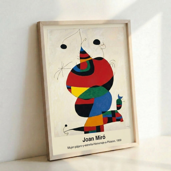 Surreal abstract composition in black, red, blue, and yellow showing interconnected forms of a woman, bird, and celestial star, blending whimsy with artistic depth.