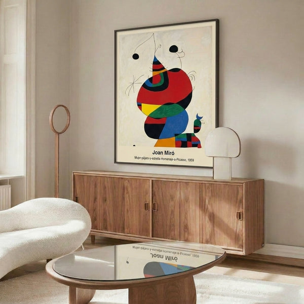 Abstract expressionist framed art depicting an ethereal woman, bird, and star in black line work and vivid color blocks, evoking both playfulness and introspection.