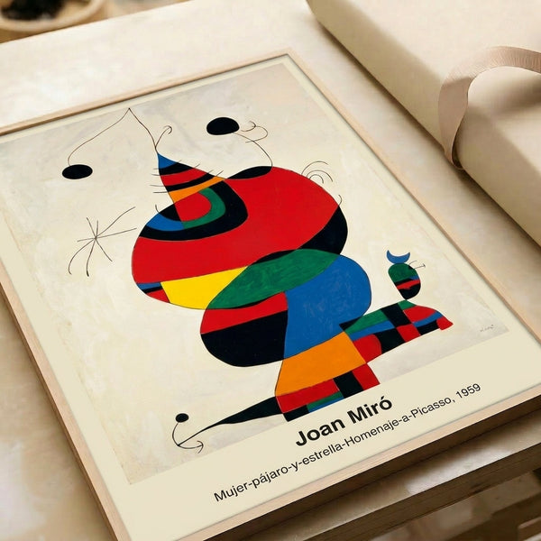 Modern surreal wall art blending abstract forms of a woman, bird, and star in black, red, blue, and cream with an undercurrent of whimsical contemplation.