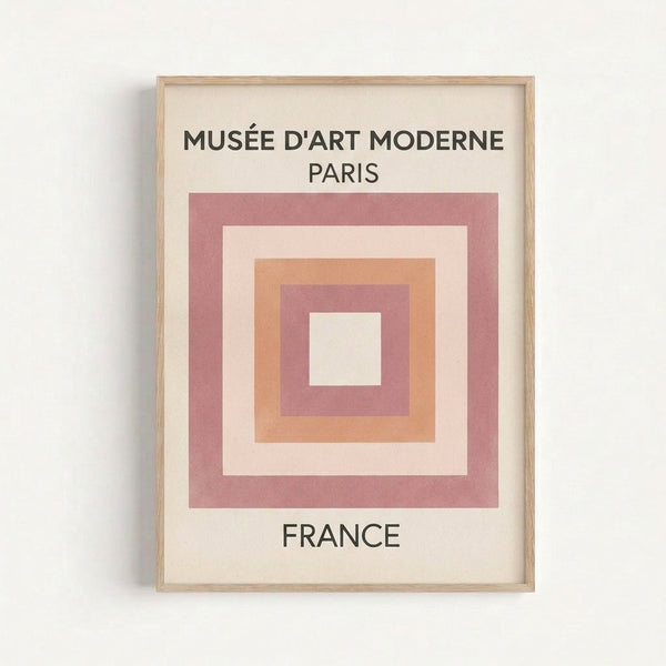 Minimalist art print featuring serene abstract squares and geometric shapes in soft mauve and peach tones, displayed as framed wall art.