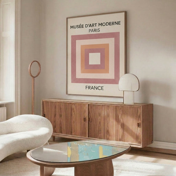 Abstract geometric artwork featuring interlocking rectangles in peach, mauve, and black, embodying serene modernist style.