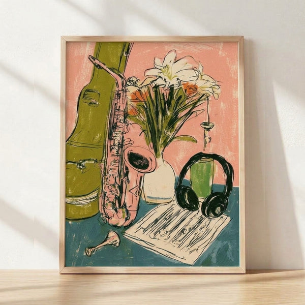 Retro line art poster featuring a saxophone, lilies in a vase, and headphones arranged as a jazz still life composition in coral pink, olive green, teal blue, and cream tones.