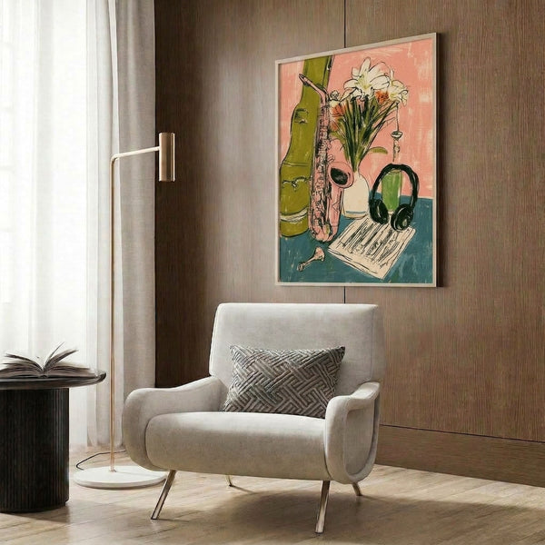 Creative line art poster showcasing a musical still life arrangement of a saxophone, lily flowers, and retro headphones in a playful composition with coral, teal, and green palette.