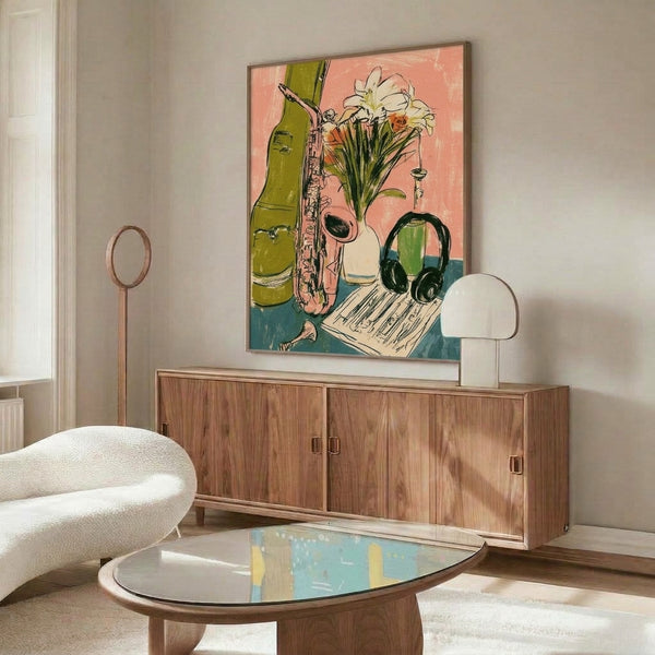 Artistic retro line drawing poster of a saxophone paired with lilies and headphones, capturing a whimsical jazz musician aesthetic in soft coral, olive, and teal hues.