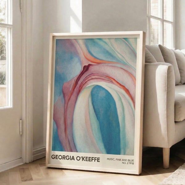 Abstract botanical print in warm coral and cool teal tones, with organic petal forms suggesting music and movement through color.