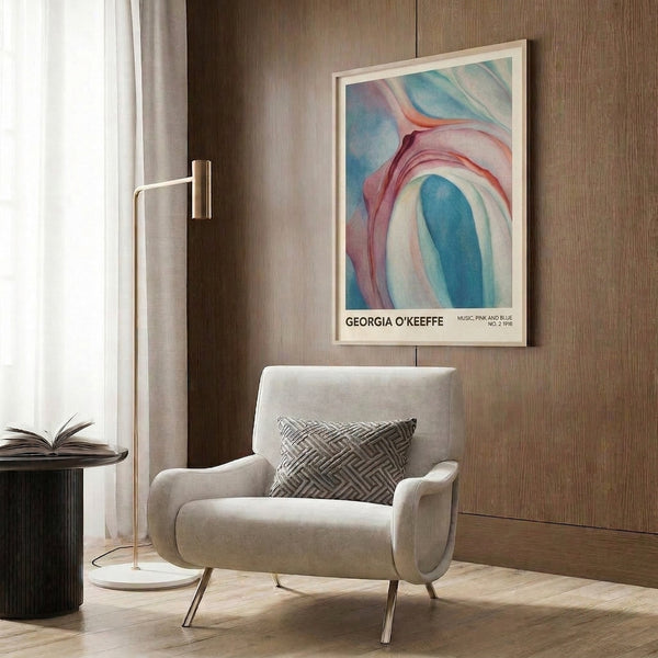 Contemplative abstract flower study in pink, blue, and cream, displaying impressionistic brushwork and sensual curved forms.