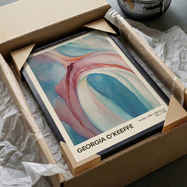 Abstract floral poster in coral, cream, and blue with flowing petal shapes, evoking musicality and serene introspection.