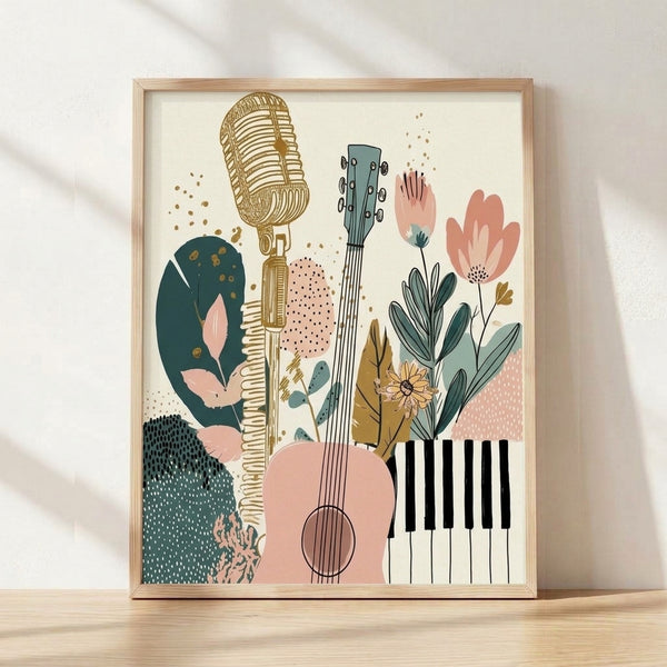 Minimalist line art collage of musical instruments and botanical elements in cream, blush pink, teal, and gold, framed poster on wall.