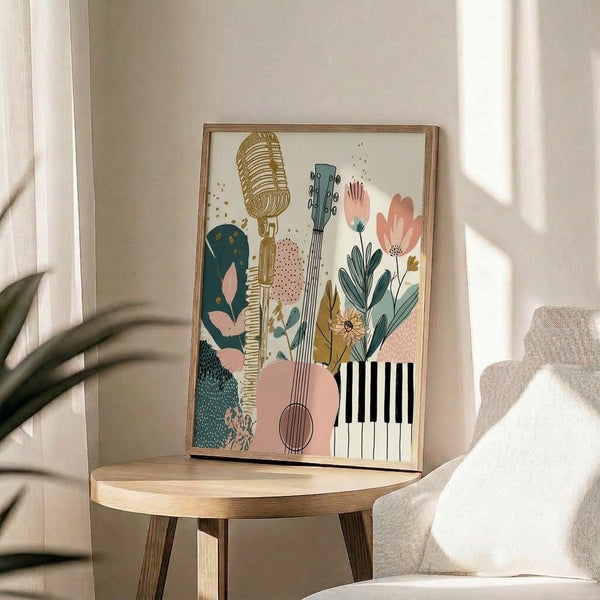 Modern botanical music print featuring guitar, microphone, piano and flowing leaves in a harmonious minimalist style with soft pastels and teal accents.