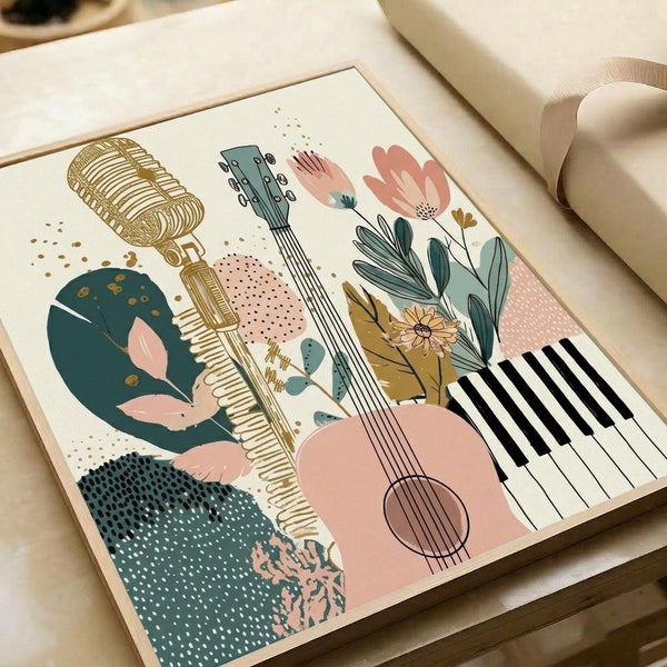 Japandi-inspired wall art combining whimsical line drawings of musical instruments with delicate florals in cream, pink, teal and metallic gold tones.