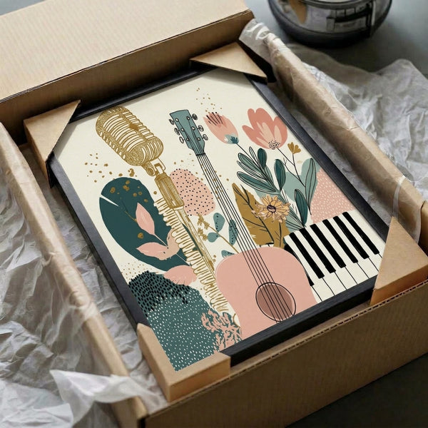 Contemporary music garden poster with creative minimalist line art of instruments and botanicals in soft blush, teal, cream and gold on framed wall display.