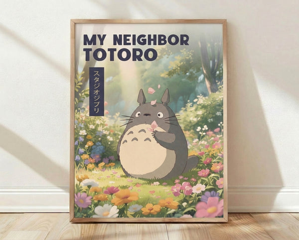 Framed watercolor poster of Totoro surrounded by spring flowers and falling petals in a forest setting, with soft cream, sage green, and pale pink tones creating a whimsical, peaceful mood.