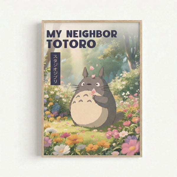 Studio Ghibli-inspired art print featuring the beloved forest spirit Totoro amid blooming flowers and meadow grasses, rendered in gentle watercolor style with a nostalgic, magical atmosphere.