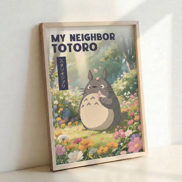 Japandi wall art depicting Totoro in a spring meadow with delicate flowers and soft pastel colors including cream, sage, and blush pink, evoking a tranquil, enchanting feeling.