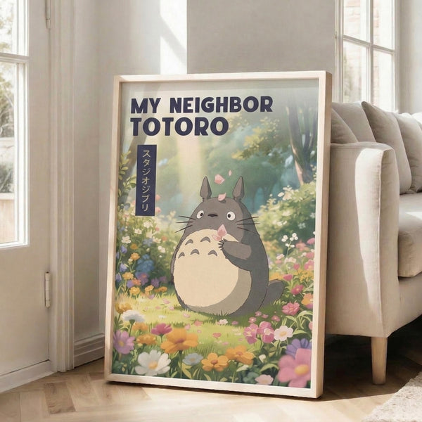 Ghibli-style poster featuring Totoro character in a serene forest flower garden with charcoal gray accents and soft pastel florals, capturing a whimsical and calming aesthetic.