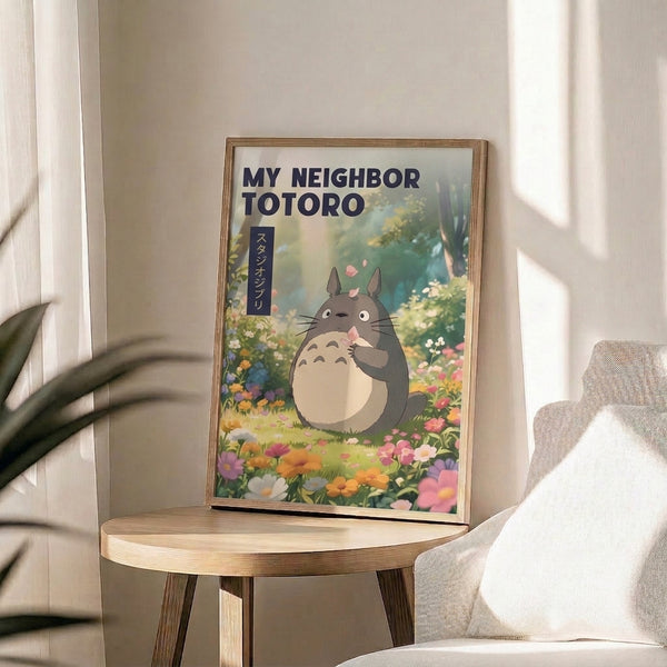 Framed art print of Totoro amid spring blossoms and foliage in muted watercolor tones of cream, soft pink, and sage green, evoking nostalgic, magical woodland charm.