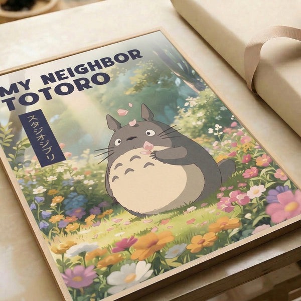 Studio Ghibli-inspired watercolor artwork showcasing Totoro in a lush flower meadow with pale yellow and sage green accents, creating a peaceful and enchanting Japandi-style wall display.