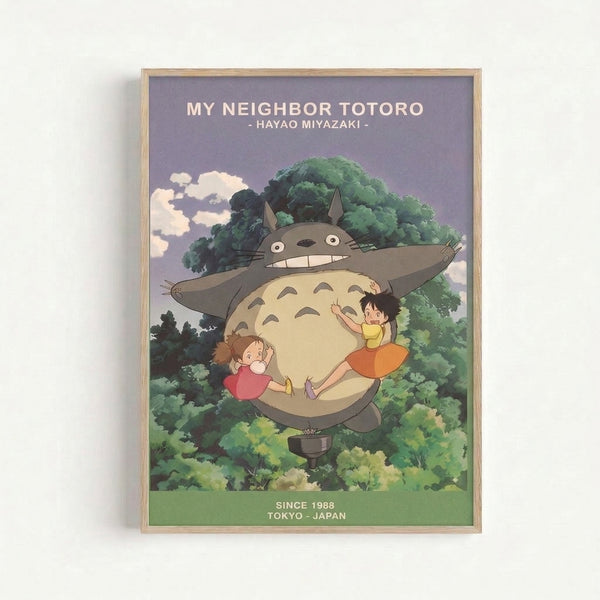 Framed art print of a beloved anime character surrounded by lush woodland scenery and floating clouds, painted in warm forest greens and sky blues with a dreamlike, enchanting quality.