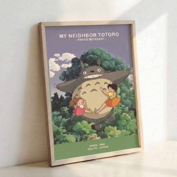 Hayao Miyazaki-inspired poster depicting a tender forest encounter with mythical creature and young characters, illustrated in soft pastels of gray, cream, and coral orange against verdant foliage.