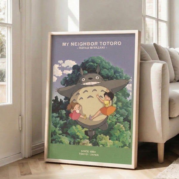 Japanese anime wall art showcasing an iconic forest guardian with children in a serene, magical setting, colored in gentle greens, blues, and creams that radiate peaceful wonder.