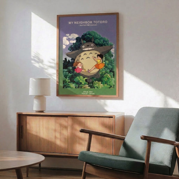 Ghibli-style poster art capturing a whimsical moment between children and a mystical forest spirit, featuring soft blue skies, green woodland, and warm coral and cream accents.