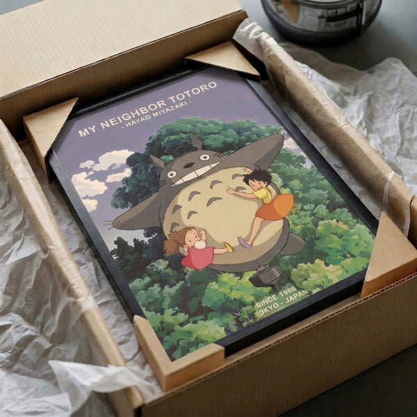 Studio Ghibli wall print illustrating an enchanted forest scene with a gentle spirit and children, composed in soft, soothing tones of cream, green, blue, and coral orange.