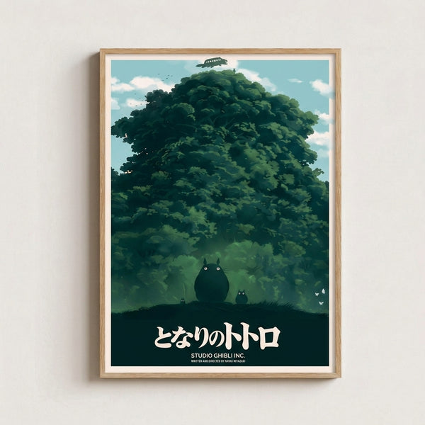 Whimsical Studio Ghibli–inspired wall art showing a magical forest scene in muted greens and blues, with a gentle creature under a tree and an airship silhouette creating a sense of wonder.