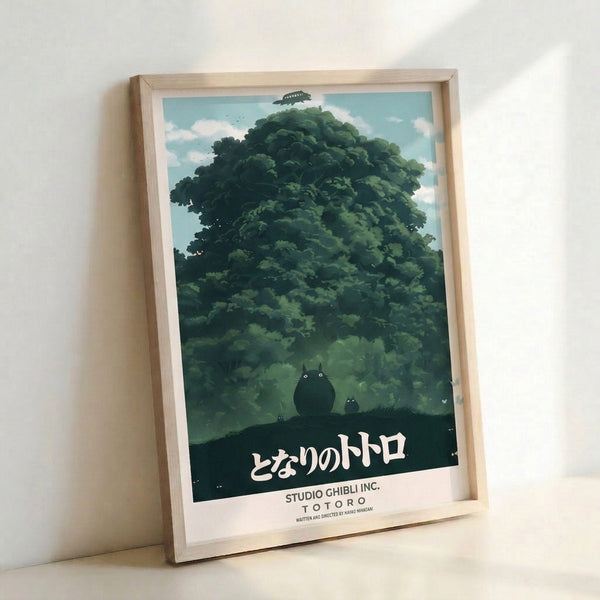Serene poster art with a minimalist aesthetic depicting a forest landscape, a mystical creature, and a soaring vessel in charcoal and cream tones against earthy greens and sky blue.