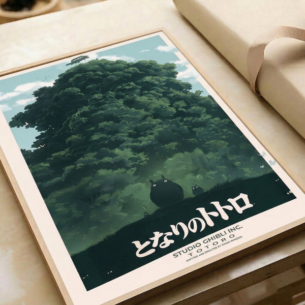 Minimalist framed artwork capturing a magical forest moment with a silhouetted creature, towering tree, and distant flying ship rendered in serene greens, blues, and neutral tones.