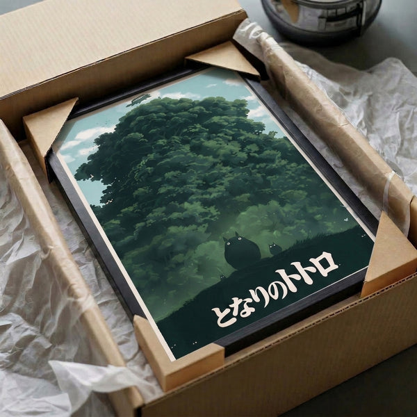 Enchanting poster art in soft forest green and sky blue featuring a mystical creature under an ancient tree with a silhouetted flying ship, evoking a whimsical Studio Ghibli atmosphere.