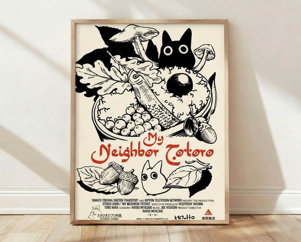 Whimsical line art poster featuring a forest spirit creature with acorns, leaves, and mushrooms in cream, black, and red tones, evoking cozy magical wonder.