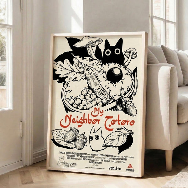Magical creature illustration poster combining whimsical line art with harvest motifs including mushrooms and foliage in a soothing cream, black, and red palette.