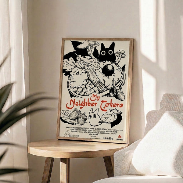 Studio Ghibli-influenced poster showing a charming forest spirit with acorns and leafy elements in delicate black lines and warm cream tones, perfect for cozy decor.