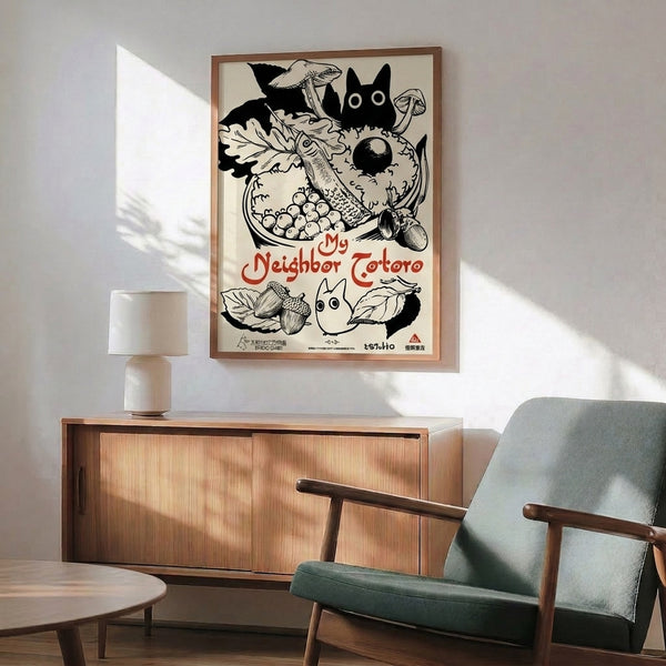 Cozy wonder-inspired line art print featuring an iconic forest spirit surrounded by nature elements like mushrooms and berries in vintage cream and black design.