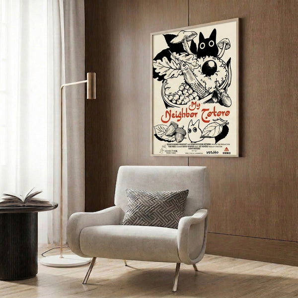 Enchanting poster with minimalist black line art of a beloved forest creature amid autumn harvest details on cream, capturing magical whimsy and warmth.