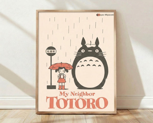 Minimalist retro poster featuring Totoro and a young girl with red umbrella waiting at a rainy bus stop, rendered in cream, charcoal gray, and coral tones with a whimsical, nostalgic Studio Ghibli aesthetic.