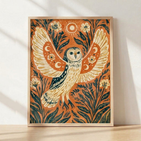 Boho folk art print featuring a mystical owl with outstretched wings surrounded by flowering plants, sun and moon symbols in burnt orange, teal, and cream tones, framed on a wall.