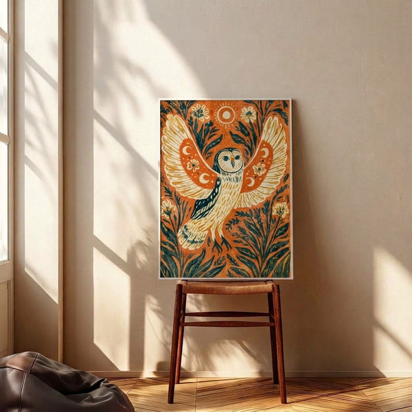 Whimsical cottagecore poster of an owl amid botanical elements and celestial imagery in earthy ochre and natural tan hues with dark teal accents, displayed as framed wall art.